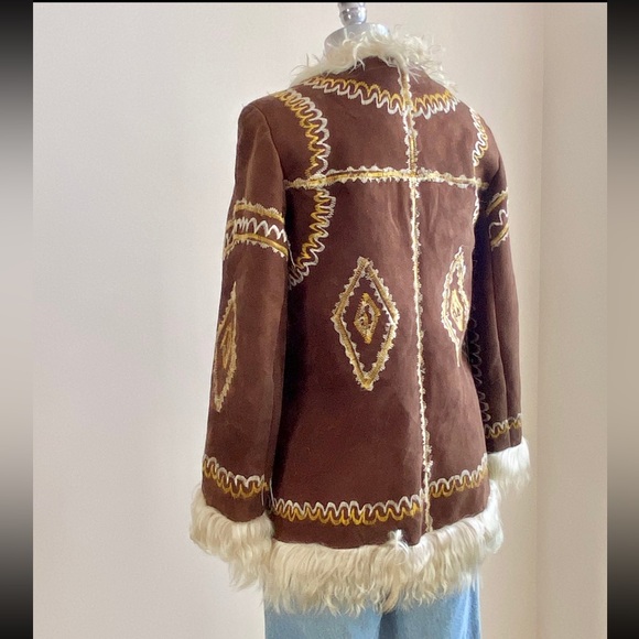 Vintage 1960s 1970s Afghan Penny Lane Shearling Suede Fur Trim Embroidered Coat - Picture 3 of 5